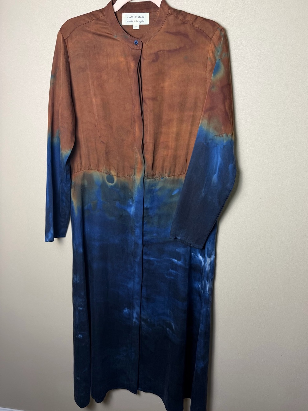 Anthropologie Cloth & Stone Perla Tie Dye Maxi Shirtdress S Blue Brown Lyocell - Picture 5 of 9